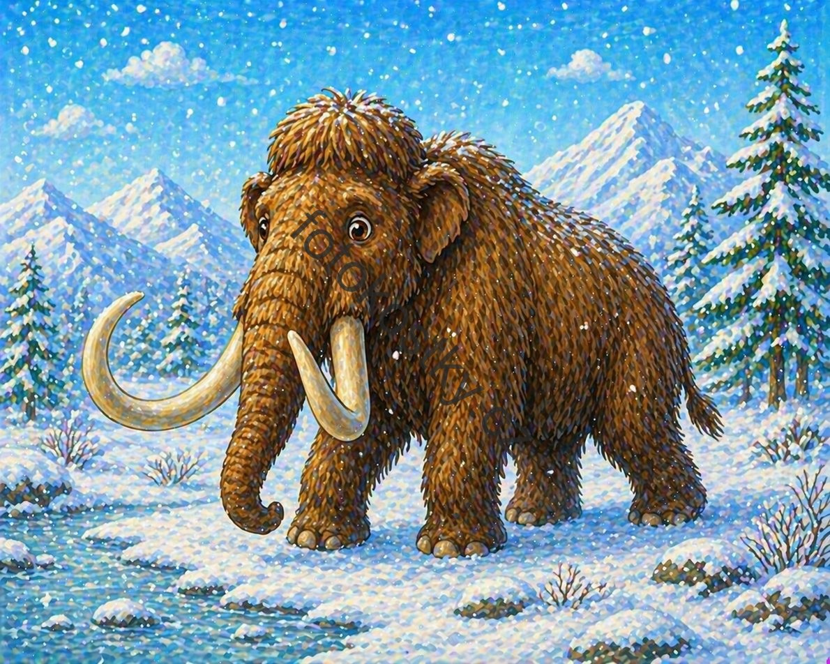 sněžná krajina s mamutem